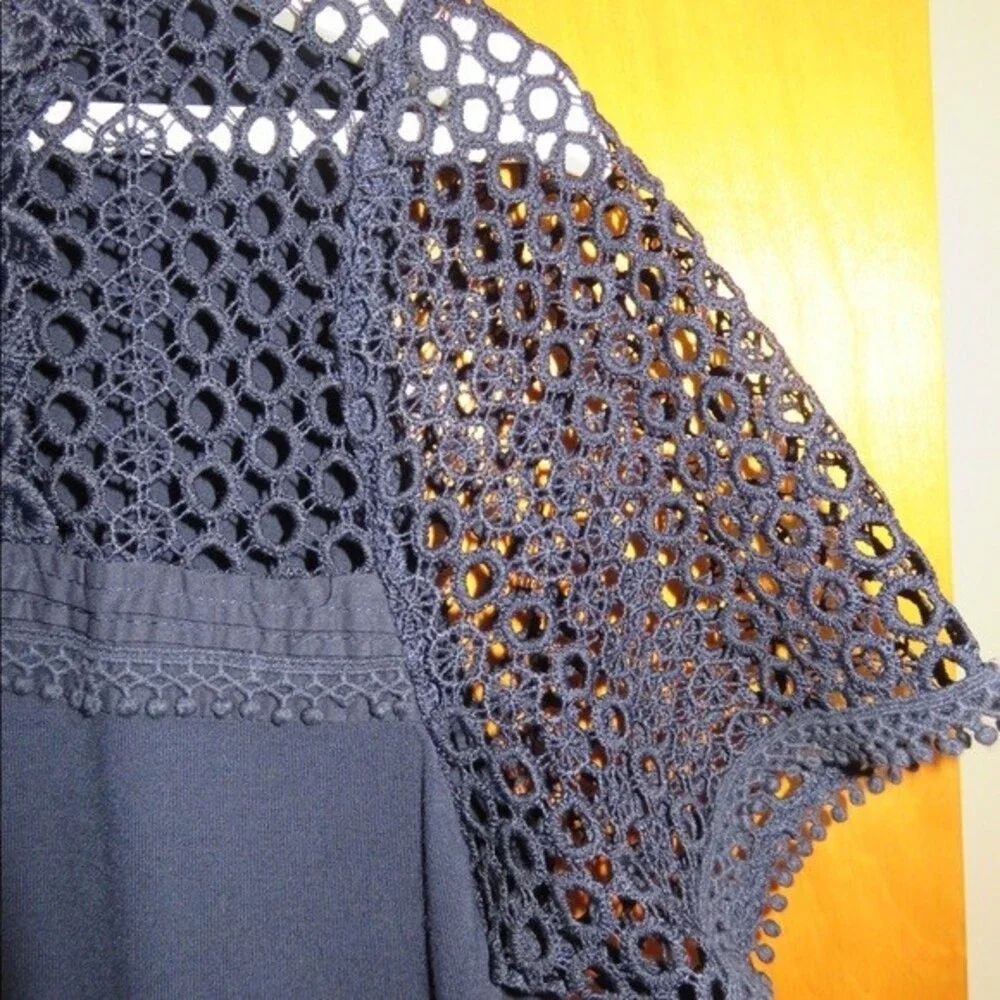 Loft Navy Blue Dress Short Sleeve Crochet Swing Petite Small Preppy Mini NWT